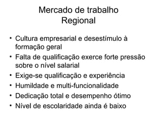 Mercado de trabalho Regional Cultura empresarial e desestímulo à formação geral Falta de qualificação exerce forte pressão sobre o nível salarial Exige-se qualificação e experiência Humildade e multi-funcionalidade Dedicação total e desempenho ótimo Nível de escolaridade ainda é baixo 
