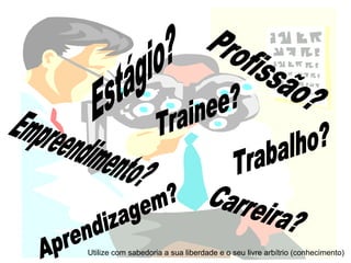 Estágio? Profissão? Carreira? Empreendimento? Trabalho? Aprendizagem? Utilize com sabedoria a sua liberdade e o seu livre arbítrio (conhecimento) Trainee? 
