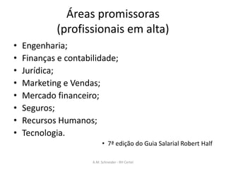 Áreas promissoras
(profissionais em alta)
• Engenharia;
• Finanças e contabilidade;
• Jurídica;
• Marketing e Vendas;
• Mercado financeiro;
• Seguros;
• Recursos Humanos;
• Tecnologia.
• 7ª edição do Guia Salarial Robert Half
A.M. Schneider - RH Certel
 