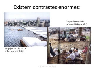 Existem contrastes enormes:
Cingapura – piscina de
cobertura em Hotel
Grupo de sem-teto
de Karachi (Paquistão)
A.M. Schneider - RH Certel
 