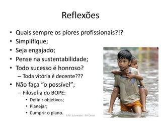 Reflexões
• Quais sempre os piores profissionais?!?
• Simplifique;
• Seja engajado;
• Pense na sustentabilidade;
• Todo sucesso é honroso?
– Toda vitória é decente???
• Não faça “o possível”;
– Filosofia do BOPE:
• Definir objetivos;
• Planejar;
• Cumprir o plano. A.M. Schneider - RH Certel
 