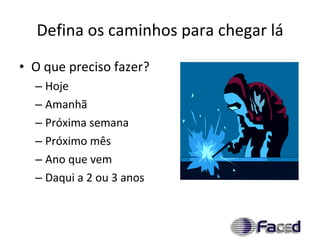 Defina os caminhos para chegar lá O que preciso fazer? Hoje Amanhã Próxima semana Próximo mês Ano que vem Daqui a 2 ou 3 anos 