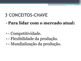 3 CONCEITOS-CHAVE
• Para lidar com o mercado atual:
• - Competitividade.
• - Flexibilidade da produção.
• - Mundialização da produção.
 