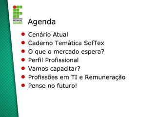 Agenda
   Cenário Atual
   Caderno Temática SofTex
   O que o mercado espera?
   Perfil Profissional
   Vamos capacitar?
   Profissões em TI e Remuneração
   Pense no futuro!
 