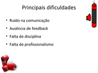 Principais dificuldades

• Ruído na comunicação
• Ausência de feedback
• Falta de disciplina
• Falta de profissionalismo
 