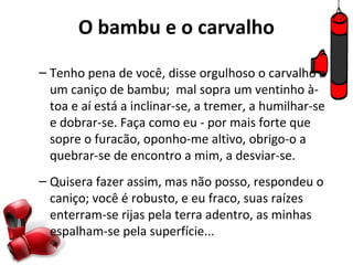 O bambu e o carvalho
– Tenho pena de você, disse orgulhoso o carvalho a
  um caniço de bambu; mal sopra um ventinho à-
  toa e aí está a inclinar-se, a tremer, a humilhar-se
  e dobrar-se. Faça como eu - por mais forte que
  sopre o furacão, oponho-me altivo, obrigo-o a
  quebrar-se de encontro a mim, a desviar-se.
– Quisera fazer assim, mas não posso, respondeu o
  caniço; você é robusto, e eu fraco, suas raízes
  enterram-se rijas pela terra adentro, as minhas
  espalham-se pela superfície...
 