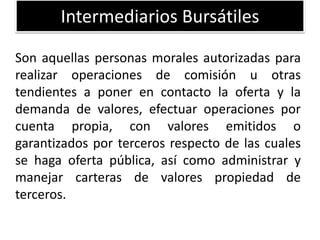 Intermediarios Bursátiles 
Son aquellas personas morales autorizadas para 
realizar operaciones de comisión u otras 
tendientes a poner en contacto la oferta y la 
demanda de valores, efectuar operaciones por 
cuenta propia, con valores emitidos o 
garantizados por terceros respecto de las cuales 
se haga oferta pública, así como administrar y 
manejar carteras de valores propiedad de 
terceros. 
 