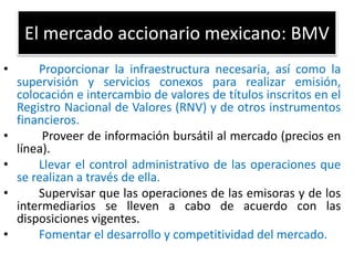 El mercado accionario mexicano: BMV 
• Proporcionar la infraestructura necesaria, así como la 
supervisión y servicios conexos para realizar emisión, 
colocación e intercambio de valores de títulos inscritos en el 
Registro Nacional de Valores (RNV) y de otros instrumentos 
financieros. 
• Proveer de información bursátil al mercado (precios en 
línea). 
• Llevar el control administrativo de las operaciones que 
se realizan a través de ella. 
• Supervisar que las operaciones de las emisoras y de los 
intermediarios se lleven a cabo de acuerdo con las 
disposiciones vigentes. 
• Fomentar el desarrollo y competitividad del mercado. 
 