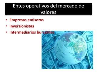 Entes operativos del mercado de 
valores 
• Empresas emisoras 
• Inversionistas 
• Intermediarios bursátiles 
 