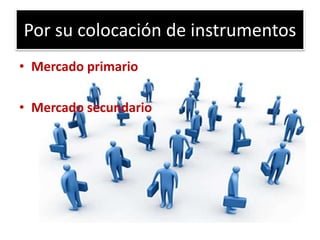 Por su colocación de instrumentos 
• Mercado primario 
• Mercado secundario 
 