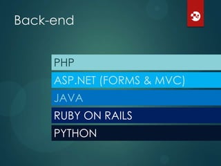 Back-end
Roda no servidor!
PHP
ASP.NET (FORMS & MVC)
JAVA
RUBY ON RAILS
PYTHON

 