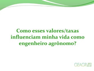 Como esses valores/taxas
influenciam minha vida como
engenheiro agrônomo?
 
