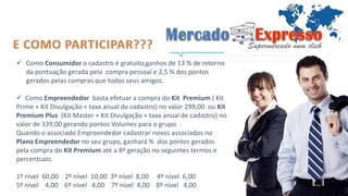  Como Consumidor o cadastro é gratuito,ganhos de 13 % de retorno 
da pontuação gerada pela compra pessoal e 2,5 % dos pontos 
gerados pelas compras que todos seus amigos. 
 Como Empreendedor basta efetuar a compra do Kit Premium ( Kit 
Prime + Kit Divulgação + taxa anual de cadastro) no valor 299,00 ou Kit 
Premium Plus (Kit Master + Kit Divulgação + taxa anual de cadastro) no 
valor de 339,00 gerando pontos Volumes para o grupo. 
Quando o associado Empreendedor cadastrar novos associados no 
Plano Empreendedor no seu grupo, ganhará % dos pontos gerados 
pela compra do Kit Premium até a 8ª geração no seguintes termos e 
percentuais: 
1º nível 60,00 2º nível 10,00 3º nível 8,00 4º nível 6,00 º 
5º nível 4,00 6º nível 4,00 7º nível 4,00 8º nível 4,00 
 
