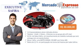 EXECUTIVE 
SAFIRA 
R$ 30.000,00 
OU 
 11 Empreendedores ativos indicados diretos 
 Totalizar 1 Gold , 2 Silvers , 2 Bronzes no seu grupo até o 8º nível 
 01 Pin de Status Safira em reconhecimento ao trabalho realizado que será 
entregue em um evento festivo. 
 Bônus Safira uma MOTO HONDA CB 600F com freios ABS 
 Rateio de 2,5 % em participação nos lucros da Empresa por todos Safiras. 
 