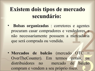Existem dois tipos de mercado
secundário:

0011 0010 1010 1101 0001 0100 1011

• Bolsas organizadas : corretores e agentes
procuram casar compradores e vendedores, e
não necessariamente possuem a mercadoria
que será comprada ou vendida.

1

2

4

• Mercados de balcão (mercado OTC =
OverTheCounter). Em termos gerais, os
distribuidores no
mercado de balcão
compram e vendem a seu próprio risco.

 