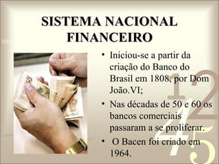 SISTEMA NACIONAL
FINANCEIRO

0011 0010 1010 1101 0001 0100 1011

• Iniciou-se a partir da
criação do Banco do
Brasil em 1808, por Dom
João.VI;
• Nas décadas de 50 e 60 os
bancos comerciais
passaram a se proliferar.
• O Bacen foi criado em
1964.

1

2

4

 