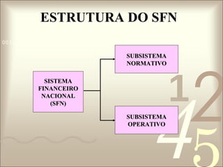 ESTRUTURA DO SFN
0011 0010 1010 1101 0001 0100 1011

SUBSISTEMA
NORMATIVO
SISTEMA
FINANCEIRO
NACIONAL
(SFN)

1

2

4

SUBSISTEMA
OPERATIVO

 
