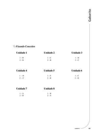 Gabarito
Fixando Conceitos

Unidade 1           Unidade 2   Unidade 3
   1–D                1–C         1–D
   2–D                2–B         2–C




Unidade 4           Unidade 5   Unidade 6
   1 –D               1–E         1–C
   2– C               2–B         2–D




Unidade 7           Unidade 8
   1–A                1–B
   2–D                2–A




                                  GABARITO   83
 