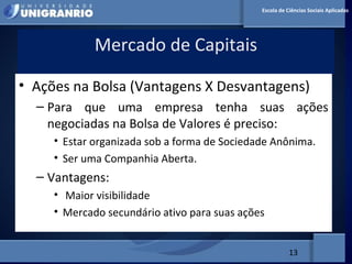 MERCADO FINANCEIRO PARA
ADMINISTRADORES
Mercado de Capitais
13
Escola de Ciências Sociais Aplicadas
• Ações na Bolsa (Vantagens X Desvantagens)
– Para que uma empresa tenha suas ações
negociadas na Bolsa de Valores é preciso:
• Estar organizada sob a forma de Sociedade Anônima.
• Ser uma Companhia Aberta.
– Vantagens:
• Maior visibilidade
• Mercado secundário ativo para suas ações
 