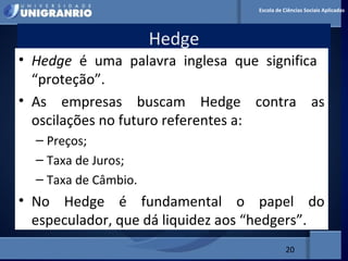 MERCADO FINANCEIRO PARA
ADMINISTRADORES
Hedge
20
Escola de Ciências Sociais Aplicadas
• Hedge é uma palavra inglesa que significa
“proteção”.
• As empresas buscam Hedge contra as
oscilações no futuro referentes a:
– Preços;
– Taxa de Juros;
– Taxa de Câmbio.
• No Hedge é fundamental o papel do
especulador, que dá liquidez aos “hedgers”.
 