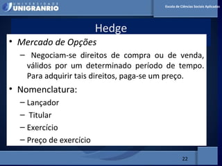 MERCADO FINANCEIRO PARA
ADMINISTRADORES
Hedge
22
Escola de Ciências Sociais Aplicadas
• Mercado de Opções
– Negociam-se direitos de compra ou de venda,
válidos por um determinado período de tempo.
Para adquirir tais direitos, paga-se um preço.
• Nomenclatura:
– Lançador
– Titular
– Exercício
– Preço de exercício
 