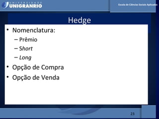 MERCADO FINANCEIRO PARA
ADMINISTRADORES
Hedge
23
Escola de Ciências Sociais Aplicadas
• Nomenclatura:
– Prêmio
– Short
– Long
• Opção de Compra
• Opção de Venda
 