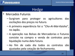 MERCADO FINANCEIRO PARA
ADMINISTRADORES
Hedge
24
Escola de Ciências Sociais Aplicadas
• Mercados Futuros
– Surgiram para proteger os agricultores das
oscilações dos preços no futuro.
– A primeira experiência foi o “Cho-Ai-Mai-Kaisho”,
no Japão.
– A operação nas Bolsas de Mercadorias e Futuros
consiste na compra e venda de contratos para
liquidação numa data futura.
– Ao fim de cada dia todos os contratos são
ajustados pela cotação de fechamento.
 
