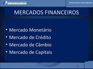 MERCADO FINANCEIRO PARA
ADMINISTRADORES
MERCADOS FINANCEIROS
• Mercado Monetário
• Mercado de Crédito
• Mercado de Câmbio
• Mercado de Capitais
3
Escola de Ciências Sociais Aplicadas
 