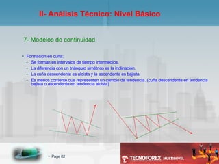 Formación en cuña: Se forman en intervalos de tiempo intermedios. La diferencia con un triángulo simétrico es la inclinación. La cuña descendente es alcista y la ascendente es bajista. Es menos corriente que representen un cambio de tendencia. (cuña descendente en tendencia bajista o ascendente en tendencia alcista) II- Análisis Técnico: Nivel Básico 7- Modelos de continuidad 