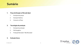 Sumário
11/08/2017
1. Preço da Energia no Mercado Spot
1. Evolução dos preços
2. Evolução histórica
3. Consumo vs Preço
2. Tecnologias de produção
1. Evolução da produção
2. Mix Energético
3. Produção Renovável / Não Renovável
3. Evolução futura
2
 