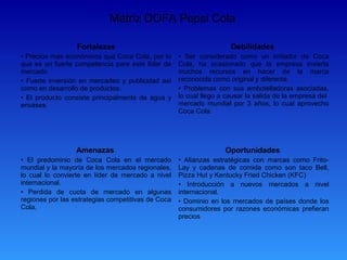 Matriz DOFA Pepsi Cola

                  Fortalezas                                         Debilidades
• Precios mas económicos que Coca Cola, por lo      • Ser considerado como un imitador de Coca
que es un fuerte competencia pare este líder de     Cola, ha ocasionado que la empresa invierta
mercado.                                            muchos recursos en hacer de la marca
• Fuerte inversión en mercadeo y publicidad así     reconocida como original y diferente.
como en desarrollo de productos.                    • Problemas con sus embotelladoras asociadas,
• El producto consiste principalmente de agua y     lo cual llego a causar la salida de la empresa del
envases.                                            mercado mundial por 3 años, lo cual aprovecho
                                                    Coca Cola.




                  Amenazas                                         Oportunidades
• El predominio de Coca Cola en el mercado          • Alianzas estratégicas con marcas como Frito-
mundial y la mayoría de los mercados regionales,    Lay y cadenas de comida como son taco Bell,
lo cual lo convierte en líder de mercado a nivel    Pizza Hut y Kentucky Fried Chicken (KFC)
internacional.                                      • Introducción a nuevos mercados a nivel
• Perdida de cuota de mercado en algunas            internacional.
regiones por las estrategias competitivas de Coca   • Dominio en los mercados de países donde los
Cola,                                               consumidores por razones económicas prefieran
                                                    precios
 