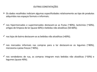  Os dados recolhidos indiciam algumas especificidades relativamente ao tipo de produtos
adquiridos nos espaços formais e informais:
 nos hipermercados e supermercados destacam-se as frutas (~80%), lacticínios (~60%),
artigos de limpeza do lar (quase 60%) e bebidas não alcoólicas (50-60%);
 nas lojas de bairro destacam-se as bebidas não alcoólicas (>60%);
 nos mercados informais nas compras para o lar destacam-se os legumes (~80%),
mercearia e peixe fresco (~40%);
 nos vendedores de rua, as compras integram mais bebidas não alcoólicas (~50%) e
legumes (quase 40%).
OUTRAS CONSTATAÇÕES
 