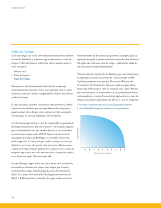 cmegroup.com
30
Valor do Tempo
Caso uma opção não tenha valor intrínseco (estando no dinheiro
ou fora do dinheiro), o prêmio da opção será apenas o valor do
tempo. O valor do tempo é a diferença entre o prêmio total e o
valor intrínseco.
	 Prêmio total
–	 Valor Intrínseco
	 Valor do Tempo
Mesmo que o cálculo matemático do valor do tempo seja
relativamente fácil quando você já sabe o prêmio total e o valor
intrínseco, não será tão fácil compreender os fatores que afetam
o valor do tempo.
O valor do tempo, também chamado de valor extrínseco, reflete
o montante de dinheiro que os compradores estão dispostos a
pagar na expectativa de que valerá a pena exercitar uma opção
na expiração, ou antes da expiração, ou vencimento.
Um dos fatores que afetam o valor do tempo reflete a quantidade
de tempo remanescente até o vencimento. Por exemplo, digamos
que em determinado dia, em meados de maio, a soja novembro
no futuro esteja negociando a $8,30. O preço de exercício de
uma opção de compra de $8,50 para o novembro futuro está
sendo negociada a 12 centavos per bushel. A opção está fora do
dinheiro e, portanto, não possui valor intrínseco. Mesmo assim,
a opção de compra tem um prêmio de 12 centavos (ex: o valor do
tempo da opção ou o seu valor extrínseco) e o comprador poderá
estar disposto a pagar 12 centavos por ela.
Por que? Porque a opção ainda tem cinco meses até o vencimento
em outubro e, durante este tempo, você espera que o futuro
correspondente suba, ficando acima do preço de exercício de
$8,50. Se o preço subir acima de $8,62 (preço de exercício de
$8,50 + $.12 de prêmio), o detentor da opção realiza um lucro.
TimeValue
Months to expiration
9 8 7 6 5 4 3 2 1 0
Neste momento da discussão, fica aparente a razão pela qual, na
expiração da opção, o prêmio consistirá apenas do valor intrínseco.
Tal opção não teria mais valor do tempo – pela simples razão de
não mais existir tempo remanescente.
Voltemos agora às opções fora do dinheiro, que cinco meses antes
da expiração possuíam um prêmio de 12 centavos por bushel.
A próxima pergunta seria, por que 12 centavos? Por que não
10 centavos? Ou 30 centavos? Em outras palavras, quais são os
fatores que influenciam o valor do tempo de uma opção? Mesmo
que a taxa de juros, e a relação entre a o preço do mercado futuro
correspondente e o preço de exercício da opção afetem o valor do
tempo, os dois fatores principais que afetam o valor do tempo são:
1. O tempo remanescente até a expiração ou vencimento.
2. A volatilidade dos preços do futuro correspondente.
Meses até o vencimento
ValordoTempo
 