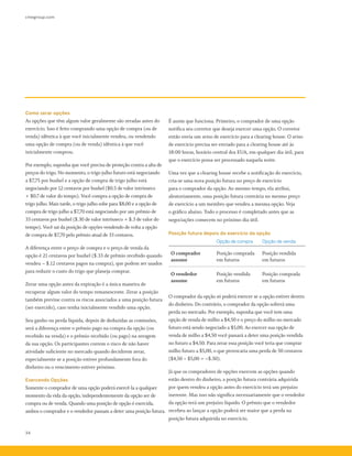 cmegroup.com
34
Como zerar opções
As opções que têm algum valor geralmente são zeradas antes do
exercício. Isso é feito comprando uma opção de compra (ou de
venda) idêntica à que você inicialmente vendeu, ou vendendo
uma opção de compra (ou de venda) idêntica à que você
inicialmente comprou.
Por exemplo, suponha que você precisa de proteção contra a alta de
preços do trigo. No momento, o trigo julho futuro está negociando
a $7,75 por bushel e a opção de compra de trigo julho está
negociando por 12 centavos por bushel ($0.5 de valor intrínseco
+ $0.7 de valor do tempo). Você compra a opção de compra de
trigo julho. Mais tarde, o trigo julho sobe para $8,00 e a opção de
compra de trigo julho a $7,70 está negociando por um prêmio de
33 centavos por bushel ($.30 de valor intrínseco + $.3 de valor do
tempo). Você sai da posição de opções vendendo de volta a opção
de compra de $7,70 pelo prêmio atual de 33 centavos.
A diferença entre o preço de compra e o preço de venda da
opção é 21 centavos por bushel ($.33 de prêmio recebido quando
vendeu – $.12 centavos pagos na compra), que podem ser usados
para reduzir o custo do trigo que planeja comprar.
Zerar uma opção antes da expiração é a única maneira de
recuperar algum valor do tempo remanescente. Zerar a posição
também previne contra os riscos associados a uma posição futura
(ser exercido), caso tenha inicialmente vendido uma opção.
Seu ganho ou perda líquida, depois de deduzidas as comissões,
será a diferença entre o prêmio pago na compra da opção (ou
recebido na venda) e o prêmio recebido (ou pago) na zeragem
da sua opção. Os participantes correm o risco de não haver
atividade suficiente no mercado quando decidirem zerar,
especialmente se a posição estiver profundamente fora do
dinheiro ou o vencimento estiver próximo.
Exercendo Opções
Somente o comprador de uma opção poderá exercê-la a qualquer
momento da vida da opção, independentemente da opção ser de
compra ou de venda. Quando uma posição de opção é exercida,
ambos o comprador e o vendedor passam a deter uma posição futura.
É assim que funciona. Primeiro, o comprador de uma opção
notifica seu corretor que deseja exercer uma opção. O corretor
então envia um aviso de exercício para a clearing house. O aviso
de exercício precisa ser enviado para a clearing house até às
18:00 horas, horário central dos EUA, em qualquer dia útil, para
que o exercício possa ser processado naquela noite.
Uma vez que a clearing house recebe a notificação do exercício,
cria-se uma nova posição futura no preço de exercício
para o comprador da opção. Ao mesmo tempo, ela atribui,
aleatoriamente, uma posição futura contrária no mesmo preço
de exercício a um membro que vendeu a mesma opção. Veja
o gráfico abaixo. Todo o processo é completado antes que as
negociações comecem no próximo dia útil.
Posição futura depois do exercício da opção
Opção de compra Opção de venda
O comprador
assume
Posição comprada
em futuros
Posição vendida
em futuros
O vendedor
assume
Posição vendida
em futuros
Posição comprada
em futuros
O comprador da opção só poderá exercer se a opção estiver dentro
do dinheiro. Do contrário, o comprador da opção sofrerá uma
perda no mercado. Por exemplo, suponha que você tem uma
opção de venda de milho a $4,50 e o preço do milho no mercado
futuro está sendo negociado a $5,00. Ao exercer sua opção de
venda de milho a $4,50 você passará a deter uma posição vendida
no futuro a $4,50. Para zerar essa posição você teria que comprar
milho futuro a $5,00, o que provocaria uma perda de 50 centavos
($4,50 – $5,00 = –$.50).
Já que os compradores de opções exercem as opções quando
estão dentro do dinheiro, a posição futura contrária adquirida
por quem vendeu a opção antes do exercício terá um prejuízo
inerente. Mas isso não significa necessariamente que o vendedor
da opção terá um prejuízo líquido. O prêmio que o vendedor
recebeu ao lançar a opção poderá ser maior que a perda na
posição futura adquirida no exercício.
 