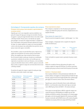 Guia Auto-Didático Para Hedge Com Futuros e Opções de Grãos e Sementes Oleaginosas
41
Estratégia 2: Comprando opções de compra
Proteção contra preços mais elevados e oportunidade se
os preços caírem
Suponha que você é um comprador e precisa estabelecer um
preço de compra de trigo para entrega em novembro. Estamos
em agosto e o preço do trigo dezembro futuro está sendo cotado
a $7,50 por bushel. Nesses níveis, você decide usar opções
para proteger o seu preço de compra de farinha e a margem de
lucro relacionada a uma possível elevação substancial no preço
do trigo. Ao comprar opções de compra você estará protegido
contra a alta dos preços, mas ainda poderá tirar proveito caso os
preços caiam entre agora e novembro.
Em novembro, o preço no mercado físico para o trigo em sua
região está normalmente 10 centavos abaixo do dezembro
futuro. Isso significa que a base normal no fim do outono
fica 10 centavos abaixo, sendo que, levando em consideração
as presentes condições de mercado, você acredita que essa
expectativa vai prevalecer neste ano. Portanto, se em novembro
o preço do dezembro futuro estiver a $7,50, o preço no mercado
físico (cash) na região de compra do seu fornecedor deverá estar
a $7,40 por bushel.
Os prêmios da opção de compra e opção de venda para trigo
dezembro estão sendo cotados como segue:
Preço de Exercício
da opção (Strike)
Prêmio da opção
de compra
Prêmio da opção
de venda
$7,10 $.41 $.01
$7,20 $.33 $.04
$7,30 $.27 $.08
$7,40 $.21 $.12
$7,50 $.15 $.16
$7,60 $.11 $.22
$7,70 $.07 $.28
$7,80 $.03 $.34
$7,90 $.01 $.41
Preço esperado de compra
Para comparar a exposição ao risco de preços para opções de
compra com diferentes preços de exercícios, simplesmente use a
sequinte fórmula:
Preço máximo de compra (teto) =
Preço de exercício da opção de compra + prêmio pago + ou – base
Nesse exemplo, a comparação entre as opções de compra de
$7,40 e de $7,50 seria:
Opção de
compra
+ Prêmio – Base = Preço máximo
(teto)
$7,40 + $.21 – $.10 = $7,51
$7,50 + $.15 – $.10 = $7,55
Como você pode ver, quanto maior a proteção de preços, maior
o custo.
Ação
Depois de considerar diversas alternativas de opções, você
compra a opção de compra de $7,50 por 15 centavos, que daria
proteção para preços acima do atual nível de preços do mercado.
Cenário 1 : Os preços sobem
Caso os preços subissem e a base permanecesse inalterada a 10
centavos abaixo, você pagaria no máximo $7,55 por bushel de trigo.
Ou seja, o preço de exercício da opção ($7,50) mais o prêmio pago
pela opção (15 centavos) menos a base (10 centavos abaixo).
Suponha que o preço do dezembro futuro tenha subido para
$8,50 e o seu fornecedor esteja oferecendo trigo no mercado
cash a $8,40 (preço futuro de $8,50 – 10 centavos da base).
Com o preço no mercado futuro a $8,50, a opção de compra com
o preço de exercício a $7,50 poderá ser vendida com um valor
intrínseco de $1,00, no mínimo. Descontando os 15 centavos pagos
pela opção, você terá um ganho líquido de 85 centavos por bushel.
O preço no mercado cash de $8,40 menos os 85 centavos de ganho
resultarão em um preço efetivo de compra de $7,55 por bushel.
 