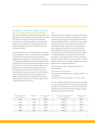 Guia Auto-Didático Para Hedge Com Futuros e Opções de Grãos e Sementes Oleaginosas
43
Ação
Suponha que você é um comprador de trigo para um fabricante
de alimentos que precisa estabelecer um preço para meados de
novembro. Estamos em agosto e o trigo dezembro está sendo
negociado a $7,50 por bushel. A sua expectativa é que os preços
do trigo negociem em uma faixa estreita nos próximos meses.
Vamos supor ainda que as opções de venda fora do dinheiro
para o trigo dezembro (preço de exercício de $7,30) estão
sendo negociadas a 8 centavos por bushel. A base esperada é
10 centavos abaixo do dezembro. Você decide vender a opção
de venda do dezembro com um preço de exercício de $7,30
para reduzir o preço pago pelo milho no mercado cash entre o
presente momento e novembro. (Estamos usando o contrato de
dezembro já que ele mais acompanha o momento exato em que
planeja receber a entrega dos ingredientes.)
Para calcular o preço mínimo esperado de compra, use a
seguinte fórmula:
Preço mínimo (chão) de compra=
Preço de exercício da opção de venda – o prêmio recebido + ou
– base esperada
Preço de exercício $7,30 – $.08 prêmio – $.10 base = $7,12
Com esta estratégia, o preço efetivo de compra será aumentado
se o preço no mercado futuro subir acima do preço de exercício
da opção de venda. Quando isso acontecer, sua proteção ficará
limitada ao prêmio recebido, sendo que você pagará um preço
mais alto para o trigo no mercado cash.
Se o trigo dezembro
futuro estiver a:
− Base atual = Preço no físico
(cash)
+/ – Vendido em opção de venda
ganho (–)/perda(+)
= Preço líquido de
compra
$7,00 − $.10 = $6,90 + $.22 (P) = $7,12
$7,25 − $.10 = $7,15 − $.03 (G) = $7,12
$7,50 − $.10 = $7,40 − $.08 (G) = $7,32
$7,75 − $.10 = $7,65 − $.08 (G) = $7,57
$8,00 − $.10 = $7,90 − $.08 (G) = $7,82
Estratégia 3: Vendendo opções de venda
Baixar o seu preço de compra em um mercado estável
Caso esteja antecipando que o mercado permaneça estável, você
poderá baixar o preço de compra dos seus ingredientes ao vender
(ficar “short”) uma opção de venda. Como um comprador
de commodities, ao vender uma opção de venda você poderá
baixar o preço dos ingredientes na mesma proporção do valor
do prêmio recebido, contanto que os mercados permaneçam
relativamente estáveis.
Caso o mercado futuro caia e a cotação fique abaixo do preço de
exercício da opção de venda, você poderá comprar a commodity
no mercado cash a um preço mais baixo do que esperava
originalmente (o mercado cash e o mercado futuro geralmente
se movimentam paralelamente), porém, você perderá dinheiro
na opção de venda. Caso o mercado futuro fique abaixo do preço
de exercício em um valor maior que o prêmio coletado, as sua
perda na opção de venda será compensada pelo preço mais
baixo pago ao seu fornecedor. Caso o mercado futuro suba, a
única proteção que terá contra os preços mais altos no mercado
cash será o prêmio coletado pela venda da opção de venda.
Já que a venda de opções envolve obrigações de mercado, um
performance bond ou fundos para a conta de margem deverão
ser depositados junto a seu corretor.
 