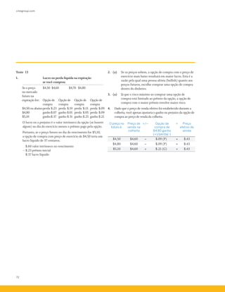 cmegroup.com
72
Teste 13
1.		 Lucro ou perda líquida na expiração
		 se você comprou
	 Se o preço 	 $4,50 	$4,60 	 $4,70 	 $4,80
	 no mercado
	 futuro na 	
	 expiração for: 	 Opção de 	 Opção de 	 Opção de 	 Opção de
	 compra 	 compra	 compra	 compra
	 $4,50 ou abaixo	perda 	$.23	 perda	$.19 	perda 	$.15 	perda	$.09
	 $4,80 	 ganho	$.07	 ganho	$.01	 perda 	$.05	 perda	$.09
	 $5,10 	 ganho	$.37	 ganho	$.31	 ganho	$.25	 ganho	$.21
	 O lucro ou o prejuízo é o valor intrínseco da opção (se houver
algum) no dia do exercício menos o prêmio pago pela opção.
	 Portanto, se o preço futuro no dia do vencimento for $5,10,
a opção de compra com preço de exercício de $4,50 teria um
lucro líquido de 37 centavos.
	 $.60 valor intrínseco no vencimento
	 –­$.23 prêmio inicial
	 $.37 lucro líquido
2.	 (a)	 Se os preços sobem, a opção de compra com o preço de
exercício mais baixo resultará em maior lucro. Esta é a
razão pela qual uma pessoa altista (bullish) quanto aos
preços futuros, escolhe comprar uma opção de compra
dentro do dinheiro.
3.	 (a)	 Já que o risco máximo ao comprar uma opção de
compra está limitado ao prêmio da opção, a opção de
compra com o maior prêmio envolve maior risco.
4.	 Dado que o preço de venda efetivo foi estabelecido durante a
colheita, você apenas ajustaria o ganho ou prejuízo da opção de
compra ao preço de venda da colheita.
O preço no
futuro é:
Preço de
venda na
colheita
+/– Opção de
compra de
$4,80 ganho
(+)/perda(-)
= Preço
efetivo de
venda
$4,50 $4,60 – $.09 (P) = $.43
$4,80 $4,60 – $.09 (P) = $.43
$5,10 $4,60 + $.21 (G) = $.43
 