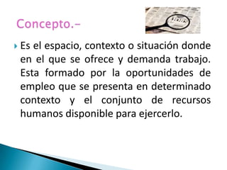  Esel espacio, contexto o situación donde
 en el que se ofrece y demanda trabajo.
 Esta formado por la oportunidades de
 empleo que se presenta en determinado
 contexto y el conjunto de recursos
 humanos disponible para ejercerlo.
 