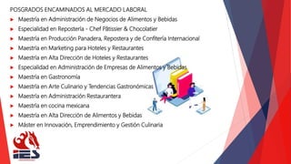 POSGRADOS ENCAMINADOS AL MERCADO LABORAL
 Maestría en Administración de Negocios de Alimentos y Bebidas
 Especialidad en Repostería - Chef Pâtissier & Chocolatier
 Maestría en Producción Panadera, Repostera y de Confitería Internacional
 Maestría en Marketing para Hoteles y Restaurantes
 Maestría en Alta Dirección de Hoteles y Restaurantes
 Especialidad en Administración de Empresas de Alimentos y Bebidas
 Maestría en Gastronomía
 Maestría en Arte Culinario y Tendencias Gastronómicas
 Maestría en Administración Restaurantera
 Maestría en cocina mexicana
 Maestría en Alta Dirección de Alimentos y Bebidas
 Máster en Innovación, Emprendimiento y Gestión Culinaria
 
