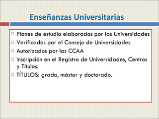Planes de estudio elaborados por las Universidades Verificados por el Consejo de Universidades Autorizados por las CCAA Inscripción en el Registro de Universidades, Centros y Títulos. TÍTULOS: grado, máster y doctorado. 