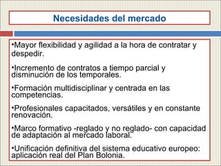 Mayor flexibilidad y agilidad a la hora de contratar y despedir. Incremento de contratos a tiempo parcial y disminución de los temporales. Formación multidisciplinar y centrada en las competencias. Profesionales capacitados, versátiles y en constante renovación. Marco formativo -reglado y no reglado- con capacidad de adaptación al mercado laboral. Unificación definitiva del sistema educativo europeo: aplicación real del Plan Bolonia. Necesidades del mercado 