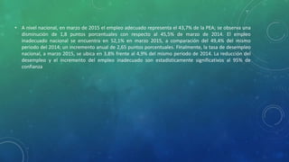 • A nivel nacional, en marzo de 2015 el empleo adecuado representa el 43,7% de la PEA; se observa una
disminución de 1,8 puntos porcentuales con respecto al 45,5% de marzo de 2014. El empleo
inadecuado nacional se encuentra en 52,1% en marzo 2015, a comparación del 49,4% del mismo
periodo del 2014; un incremento anual de 2,65 puntos porcentuales. Finalmente, la tasa de desempleo
nacional, a marzo 2015, se ubica en 3,8% frente al 4,9% del mismo periodo de 2014. La reducción del
desempleo y el incremento del empleo inadecuado son estadísticamente significativos al 95% de
confianza
 