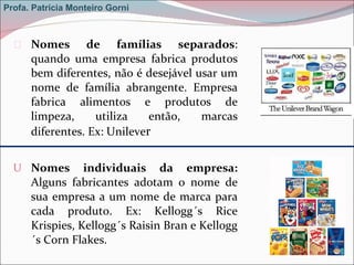 Nomes de famílias separados : quando uma empresa fabrica produtos bem diferentes, não é desejável usar um nome de família abrangente. Empresa fabrica alimentos e produtos de limpeza, utiliza então, marcas diferentes. Ex: Unileve r Nomes individuais da empresa:  Alguns fabricantes adotam o nome de sua empresa a um nome de marca para cada produto.  Ex: Kellogg´s Rice Krispies, Kellogg´s Raisin Bran e Kellogg´s Corn Flakes.  Profa. Patrícia Monteiro Gorni 