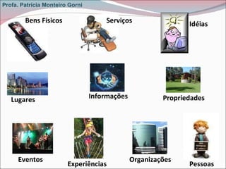 Bens Físicos Serviços Experiências Lugares Informações Eventos Pessoas Idéias Organizações Propriedades Profa. Patrícia Monteiro Gorni 
