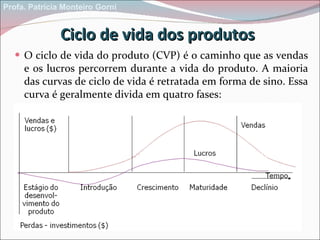 Ciclo de vida dos produtos <ul><li>O ciclo de vida do produto (CVP) é o caminho que as vendas e os lucros percorrem durant...