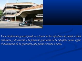 Una clasificación general puede se a través ddee llaass ssuuppeerrffiicciieess ddee ssiimmppllee yy ddoobbllee 
ccuurrvvaattuurraa,, yy ddee aaccuueerrddoo aa llaa ffoorrmmaa ddee ggeenneerraacciióónn ddee llaa ssuuppeerrffiicciiee mmeeddiiaa sseeggúúnn 
eell mmoovviimmiieennttoo ddee llaa ggeenneerraattrriizz,, qquuee ppuueeddee sseerr rreeccttaa oo ccuurrvvaa.. 
 