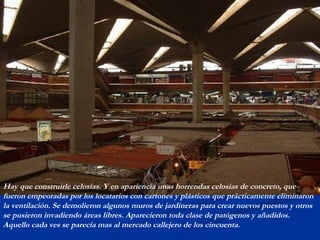 Hay que construirle celosías. Y en apariencia unas horrendas celosías de concreto, que 
fueron empeoradas por los locatarios con cartones y plásticos que prácticamente eliminaron 
la ventilación. Se demolieron algunos muros de jardineras para crear nuevos puestos y otros 
se pusieron invadiendo áreas libres. Aparecieron toda clase de patógenos y añadidos. 
Aquello cada ves se parecía mas al mercado callejero de los cincuenta. 
 