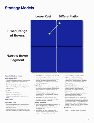 Strategy Models
Generic Strategy Model
Broad Range of Buyers
• Although it has a good degree of differentiation,
the goal is to achieve an as broad reach as
possible.
• Provides good performance that attracts users.
• Offers great User Experience which promotes
users to return.
Low Cost
• Offers users free services
• Upscale to low/fair cost services
• Matches rivals and equals or beats them on
price.
Five Forces
Threat of New Entry:
• Mercadolibre has done great efforts to reduce
entry barriers by providing no cost services
such as free listings.
• Reduced barriers by implementing a one time
sign-in, so they must fill-in their data only once.
• Mercadolibre has economies of scale, although
on a whole, not equal to eBay.
• Similar eCommerce platforms can be created at
low cost, but the effort it takes to scale to
Mercadolibre’s size and reach is an important
barrier for competition.
Supplier Power:
• Mercadolibre has few software suppliers due to
very specific technology needs, only a few offer
proper solutions, so suppliers have a lot of
power.
• Another thing they need is hosting, but
Mercadolibre has eliminated this by acquiring
its own servers.
• Mercadolibre has its own tech team and is
developing their own technology, reducing (not
eliminating) the need of suppliers.
Threat of substitution:
• With technology resources and tools available at
present, it is fairly easy to implement
eCommerce, but not at the scale and reach
Mercadolibre has.
• Mercadolibre has spent a lot of time and
resources creating a whole ecosystem which
improves and supports the commercial
experience, this is extremely hard and
expensive to do by competition.
• A considerable threat would be eBay or
Amazon, they have the platform, technology
and reach, but they haven’t focused on the
Latam market.
• Competitive Rivalry:
• Mercadolibre is quite strong in the eCommerce
market, there have been some niche
competitors, but have been bought by
Mercadolibre.
• There is only one real competitor (eBay), but
the threat is decreased because of
Mercadolibre’s regional strength.
• Mercadolibre’s users are not very likely to
switch to another platform because they are
offered free and easy processes and options (as
well as effective) here. Users will hardly leave
MercadoLibre to go to non-digital options
because it reduces reach and the don’t usually
have the necessary infrastructure.
Buyer Power:
• There is a very large number of customers.
9
Lower  Cost Diﬀerentiation
Broad  Range
of  Buyers
Narrow  Buyer  
Segment
 