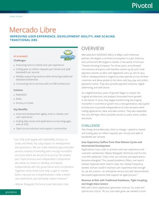 MercadoLibre (NASDAQ: MELI) is eBay’s Latin American partner, the largest e-commerce ecosystem in Latin America, and comScore’s 8th largest e-retailer in the world. A Fortune “Fastest-Growing Company” for three years, 2013 showed net revenues and gross merchandise volume up by 50%, total payment volume up 66%, and registered users up 22% to 99.5 million. Headquartered in Argentina, they operate across thirteen countries, and allow people to list items, sell, buy, pay, and collect payments online. They also provide payment solutions, digital advertising, and web stores. 
As a digital business, years of growth began to impact the original architecture, and analysts forecasted more growth in the future. In 2010, they began transforming the original, monolithic e-commerce system into a next-generation, decoupled architecture to provide independence to internal teams while scaling applications, data, and data centers. They also expanded the core API layer which provides access to users, items, orders, and more. 
CHALLENGE 
Two things drove Mercado Libre to change—speed to market and scaling past 20 million requests per minute and 4GB of bandwidth per second. 
User Experience Suffers from Slow Release Cycles and Intertwined Development 
Applications must scale to achieve solid user experience and customer satisfaction. Matias Waisgold, Technical Lead for the core API, explained, “Over time, our services and applications became entangled. This caused problems. Often, one team’s release impacted other team’s code. Our release frequency slowed, and we couldn’t improve user experience fast enough. So, we set a vision—an enterprise service bus with decentralized, decoupled applications that support an agile process.” 
Revenue at Risk with Traditional Databases, Tight Coupling, and Single Data Centers 
Mercado Libre’s application generates revenue. So, scale and uptime are critical. “As our user-base grew, we needed a multi- 
AT-A-GLANCE 
Challenges 
• 
Improving time to market and user experience 
• 
Scaling past 20 million requests per minute and 4GB bandwidth per second 
• 
Reliably supporting revenue while removing traditional database bottlenecks 
• 
Connecting micro-services with an ESB architecture 
Solution 
• 
RabbitMQ 
• 
Redis 
• 
Groovy on Grails 
Key Benefits 
• 
Improved development agility, time to market, and user experience 
• 
Scaling data stores and applications across languages with an ESB 
• 
Open source solutions and support communities 
CASE STUDY 
Mercado Libre 
IMPROVING USER EXPERIENCE, DEVELOPMENT AGILITY, AND SCALING TRADITIONAL DBS 
OVERVIEW 
“ Our ESB, built largely with RabbitMQ, Groovy on Grails, and Redis, has a big impact on development and operations. We can scale individual apps and data services instead of wrestling with one big monolithic structure where we would be bound by the slowest part. Asynchronous and independent components also allow our teams to develop and deploy independently with less governance and coordination. Together, these three tools help us get to market faster, improve our competitiveness, make a better user experience, and ultimately impact revenue.” 
—Matias Waisgold, Technical Lead, Mercado Libre 
pivotal.io  