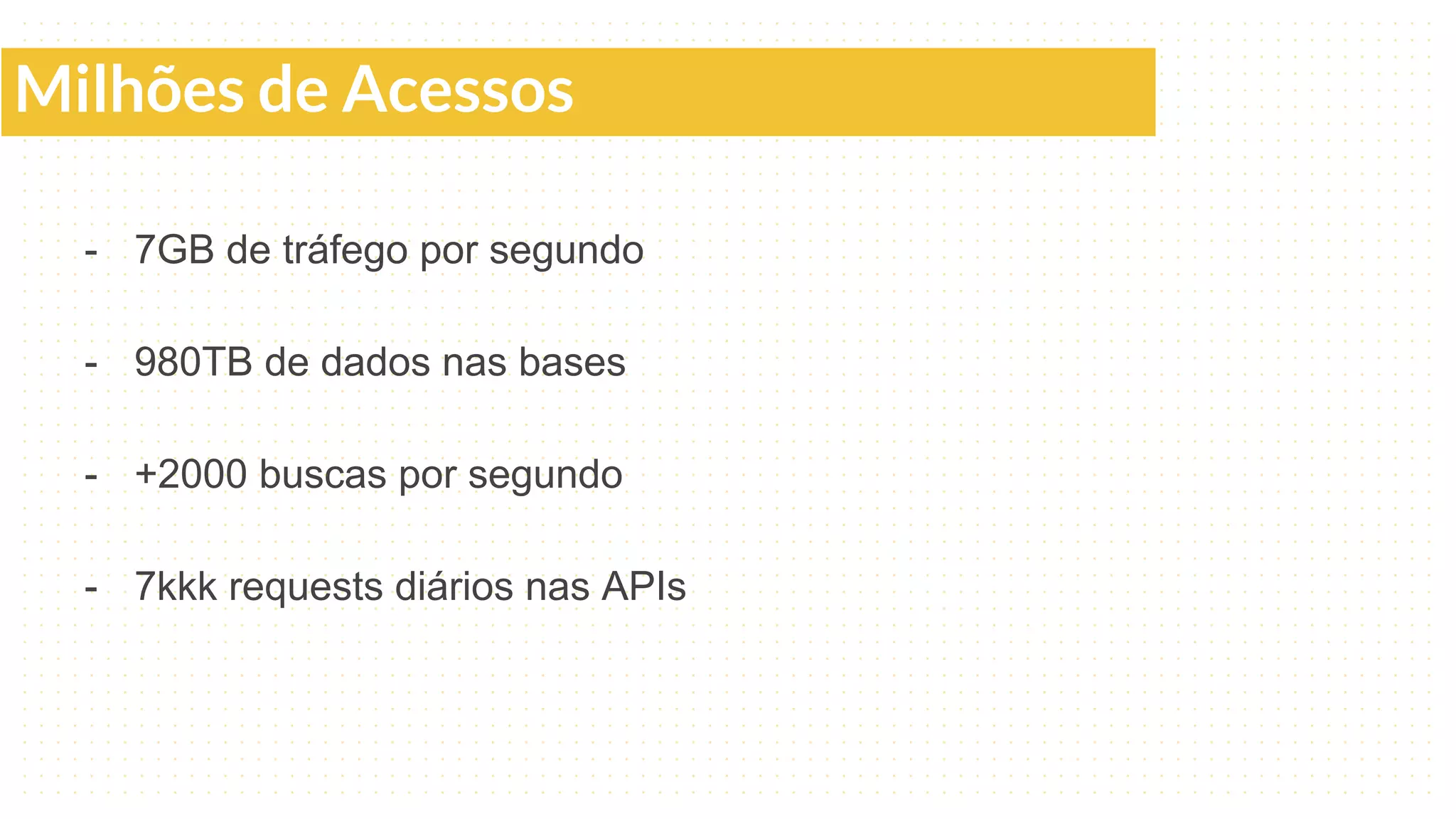 Milhões de Acessos
- 7GB de tráfego por segundo
- 980TB de dados nas bases
- +2000 buscas por segundo
- 7kkk requests diários nas APIs
 